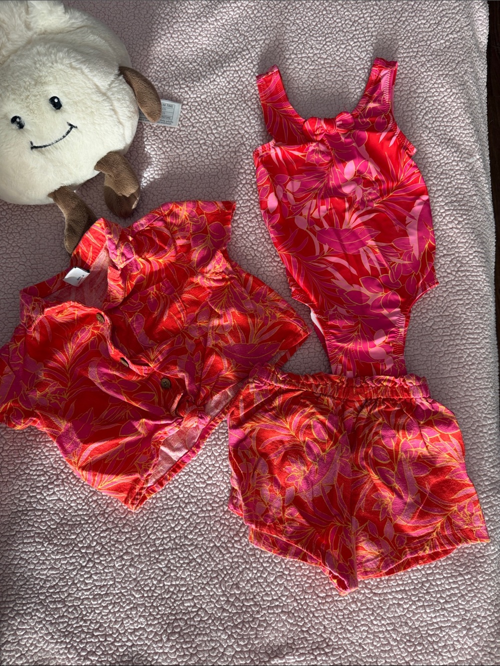 Girls' Pink & Red Floral One-Piece Swim Bodysuit with Matching Shirt and Shorts